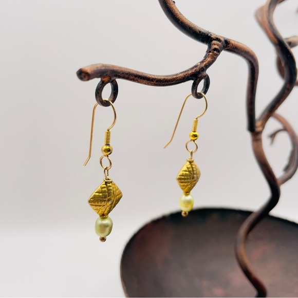 Handmade Gold Tone Geometric Bead & Freshwater Light Green Pearl Drop Earrings - Picture 2 of 6